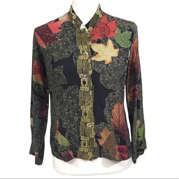 Citron Santa Monica Small 100% Silk Blouse Leaf Pattern Long Sleeve. - Picture 2 of 11